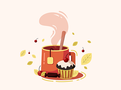 Tea Illustration autumn cake candy cherry food illustration leaves tea vector warm