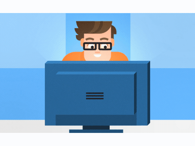 PluraVida computer guy animation blue computer explainer glasses guy working