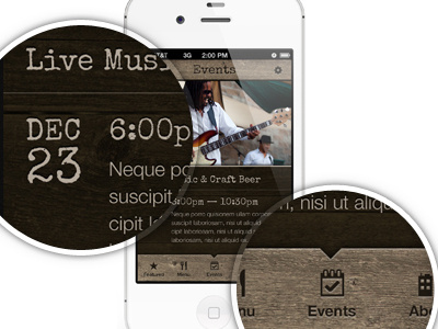 Restaurant iPhone App WIP app calendar iphone rustic wood