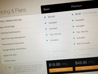 Pricing WIP features pricing table