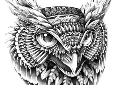 Ornate Owl Head P animal ball point pen bird black drawing illustration ink ornate owl pattern pen