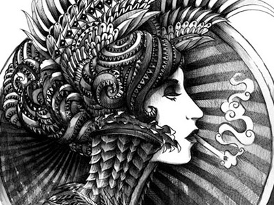 Valkyrie ball point pen feather goddess graphite headdress ornate pattern pen smoking valkyrie watercolor wing