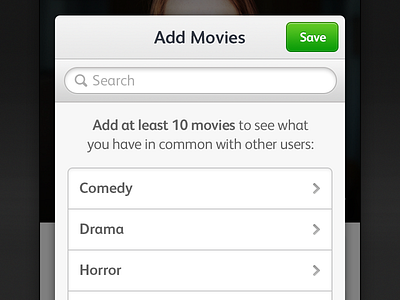 Pop Over add adding button categories green grey light movies over pop save white