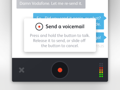 Send a Voicemail blue button close cross flat grey pop up record red send voicemail volume white
