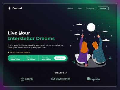 Nomad-A Stargazer's Guide adventure booking app booking site explore galaxy graphic design hero page illustration nature night travel travelling trip ui user experience user interface ux vacation web design webapge