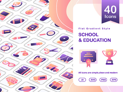 40 education and school flat style icons