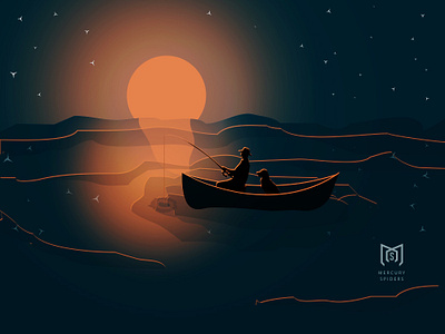 Sunset Fishing With Dog vector Illustration dog fishing hero image illustration illustrator landing page photoshop photoshop art poster sea sunset vector vector art