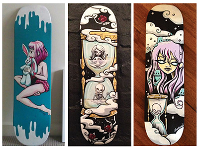 I paint skateboards no.2 acrylic bunny characters girl hourglass life monsters new life painting skateboard skeleton upcycle
