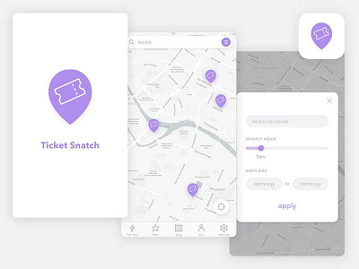 App - Ticket Snatch app buy design icon location map search ticket ui