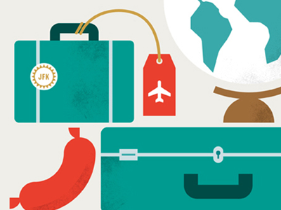 Eat Well, Travel Often globe illustration luggage sausage travel wander