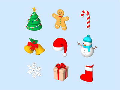 3D Christmas Icons 3d 3dicon bells candy cane christmas christmas tree cookie gift gingerbread man happy holiday icon isometric jingle newyear render santa snowflake snowman sock