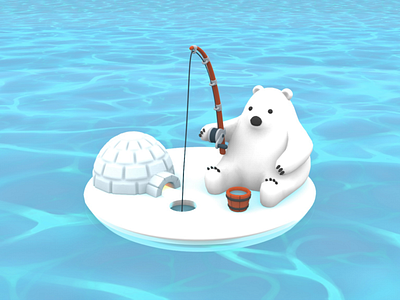 3D Fisher Polar Bear 3d 3dart 3dgraphics 3dmodeling arctic bear bucket cold concept design fishing ice igloo nft polarbear render sea snow water