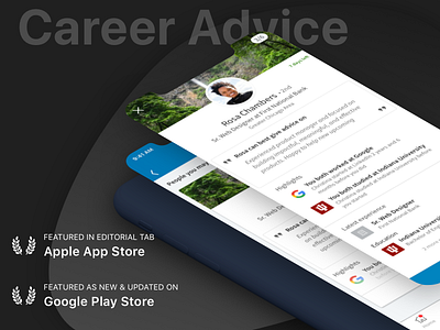 Linkedin Career Advice - Editorial Mentions advice app store dark iphone isometric play store ux