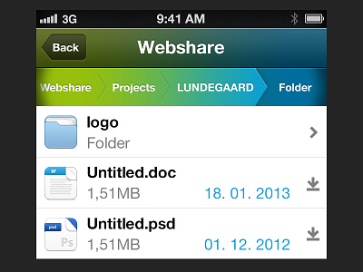 Webshare UI blue design download file icons files filetype green icons interface ios iphone ui web app