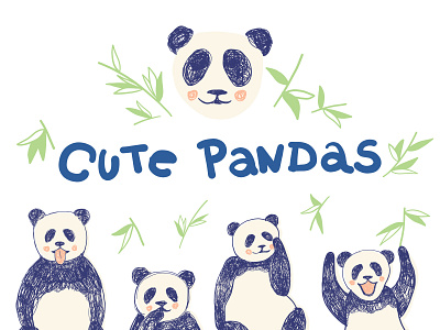 Set of hand drawn cute pandas with eucaliptus and lettering
