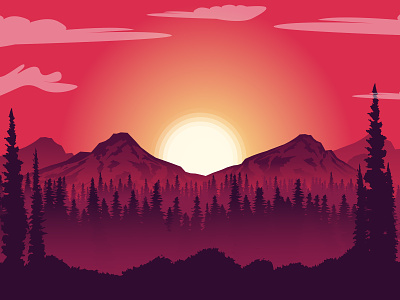 Sunset Over The Mountain background design flat flat design flatdesign forest illustration illustration art illustrator landscape landscape design mountain ui vector wall art