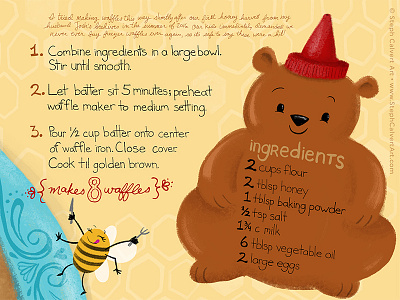 Honey Waffles Recipe - right side of 2 page spread bear characters cute editorial food honey illustration kids lettering recipe they draw and cook typography