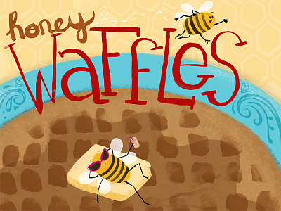 Honey Waffles Recipe - left side of 2 page spread bear characters cute editorial food honey illustration kids lettering recipe they draw and cook typography