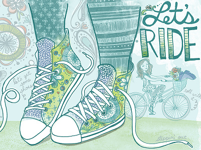 Let's Ride editorial illustration bike drawing editorial flowers illustration lets ride lettering painting people quote shoes typography