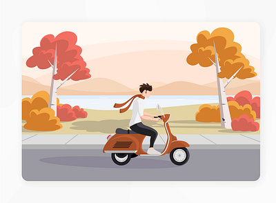 Autumn Flat Illustration autumn background design flat illustration man mountain orange red ride riding season vector vespa