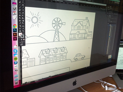 Cover In Progress building car farm house illustration line screenshot sun vector windmill work
