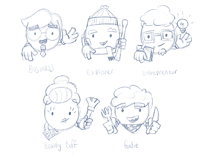 Early Character Concepts beauty business character concept entrepreneur explorer foodie idea pinecone sketch