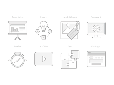 Lesson Type Icons elearning graphic icon lesson presentation process quiz screencast timeline type youtube