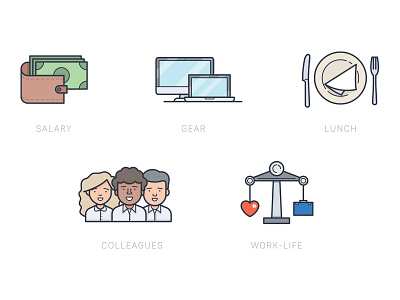 Career Perk Icons bird career colleagues gear icon illustration job life lunch message salary work