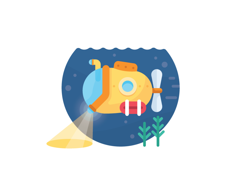 Searching Sub under sea explore adventure search deep ocean submarine illustration