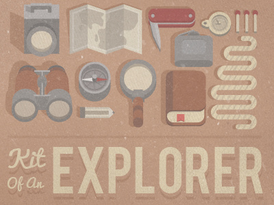 Explorer kit binoculars book clock compass explorer flask glass grey hip illustration knife magnifying map match pencil photoshop red rope silver texture torch vector vicbell watch yellow