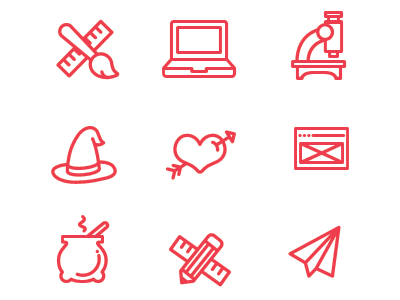 SaM Icons email hat heart icons laptop merlin microscope paper pencil plane research rule ux