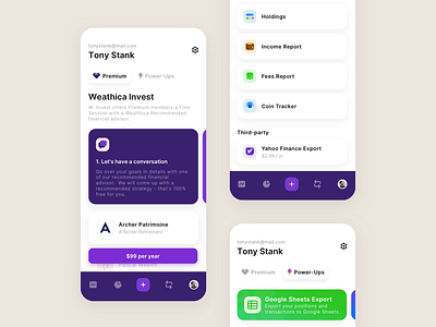 Financial Plan and Tools addon app card design coin conversation fees financial financial advisor holdings icons income mobile design plan premium profile purchase store tracker widgets yahoo