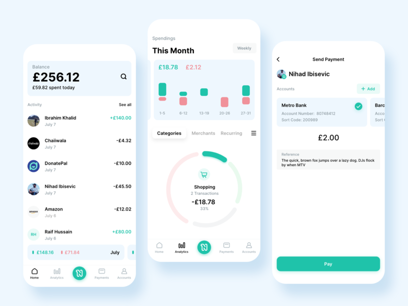 Banking App banking card categories dashboard gbp islamic merchants mobile month pay payment pie chart recurring shopping spendings ui ux widgets