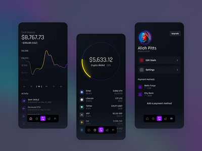 Wallet app balance bitcoin wallet bitcoins chart crypto currency crypto exchange crypto wallet cryptocurrency dark ethereum holdings investment mobile app mobile app design profile ui uiux