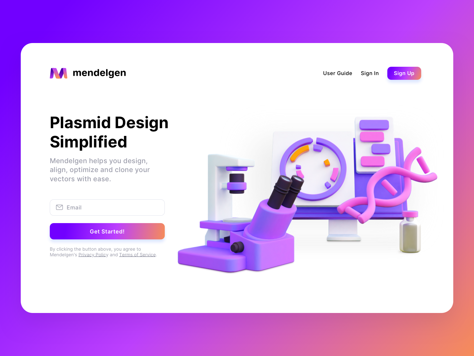 Mendelgen Landing Page 3d desktop dna genetics illustration mac microscope mrns purple science screen web site