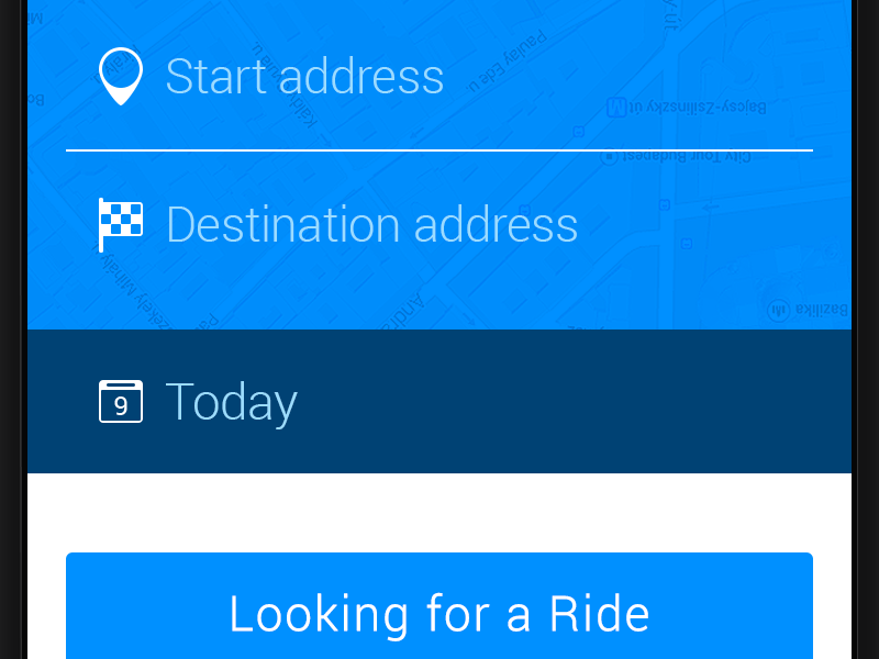 Search Screen - Carpooling App 6 address animation calendar destination finish flag flat icon iphone ride start