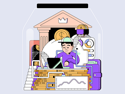 The Investor app art banking cap crypto guy holdings illustration investment jar line macbook roller coaster
