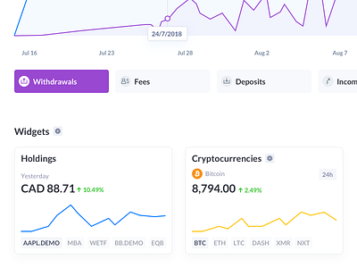 Wealthica Dashboard - Widgets bank bitcoin canada change chart crypto currency dashboard deposit fee financial holdings icon income instituton purple ui ui ux design web widgets withdraw