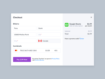 Checkout Modal addons address billing canada checkout checkout form credit card form google google sheet pay promo code subscription