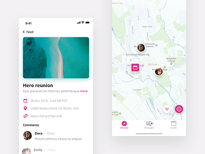 Social Event App browse comments discover event feed image location map messages profile social app