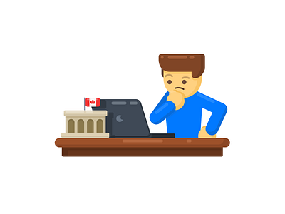 You are one step away... bank desk financial guy illustration laptop mac thinking