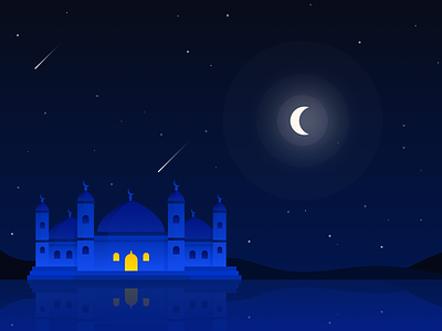 Mosque Illustration blue landscape landscape illustration moon mosque muslim night shooting star shooting stars