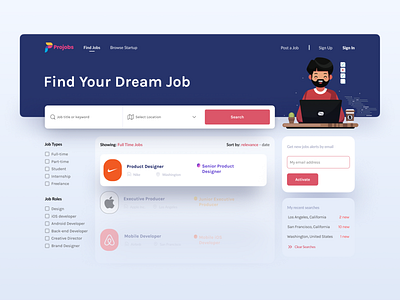 Projob - Job Search Platform cards careers clean color design desktop elements illustration jobs jobsite logo minimal page ui uidesign user experience ux web web design website