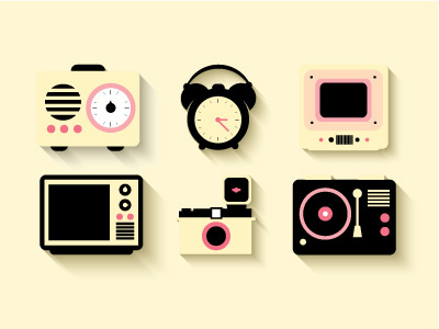 Vintage Objects clock flat design icons illustration objects radio recorder tv vintage vinyl