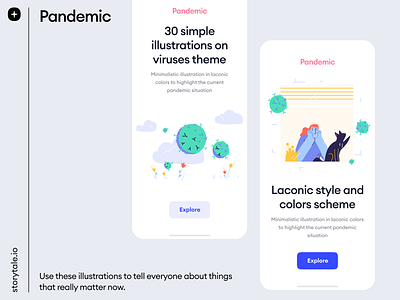 Pandemic Illustrations app design branding colorful contrast coronavirus covid19 craftwork illustration pack storytale ui vector