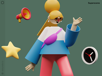 Superscene Illustrations 😍 3d character colorful design girl green illustration objects presentation product star storytale superscene ui update web