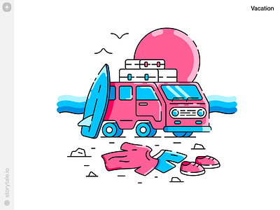 Vacation Illustrations ⛱ beach colorful contrast design illustration outline pink product sea storytale summer sunset surf ui vacation van vector web