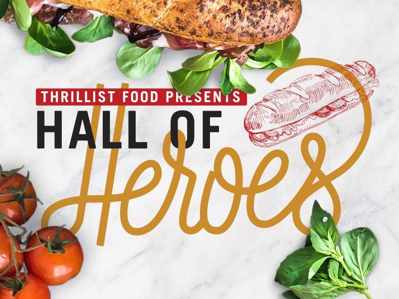 Hall of Heroes sammiches sandwiches food thrillist event cursive single weight script lettering logo