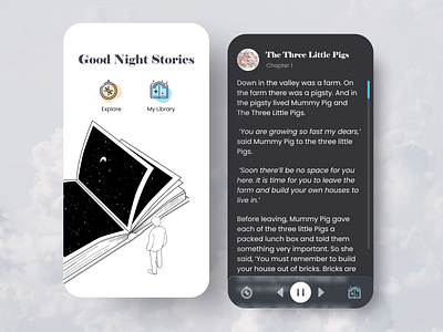 Good Night Stories audio player audiobook dark mode figma design mobile app mobile ui