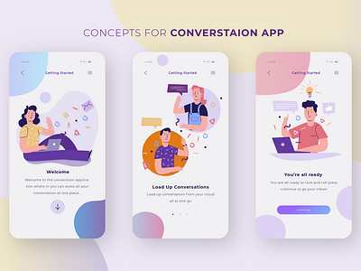 On-boarding of Conversation App android application application design conversation design illustrations minimal mockup onboarding onboarding screens sketch ui ux